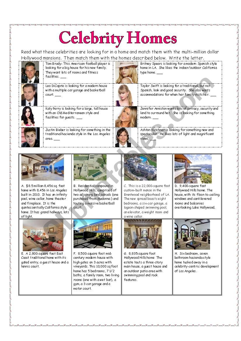 Celebrity Homes Reading Exercise
