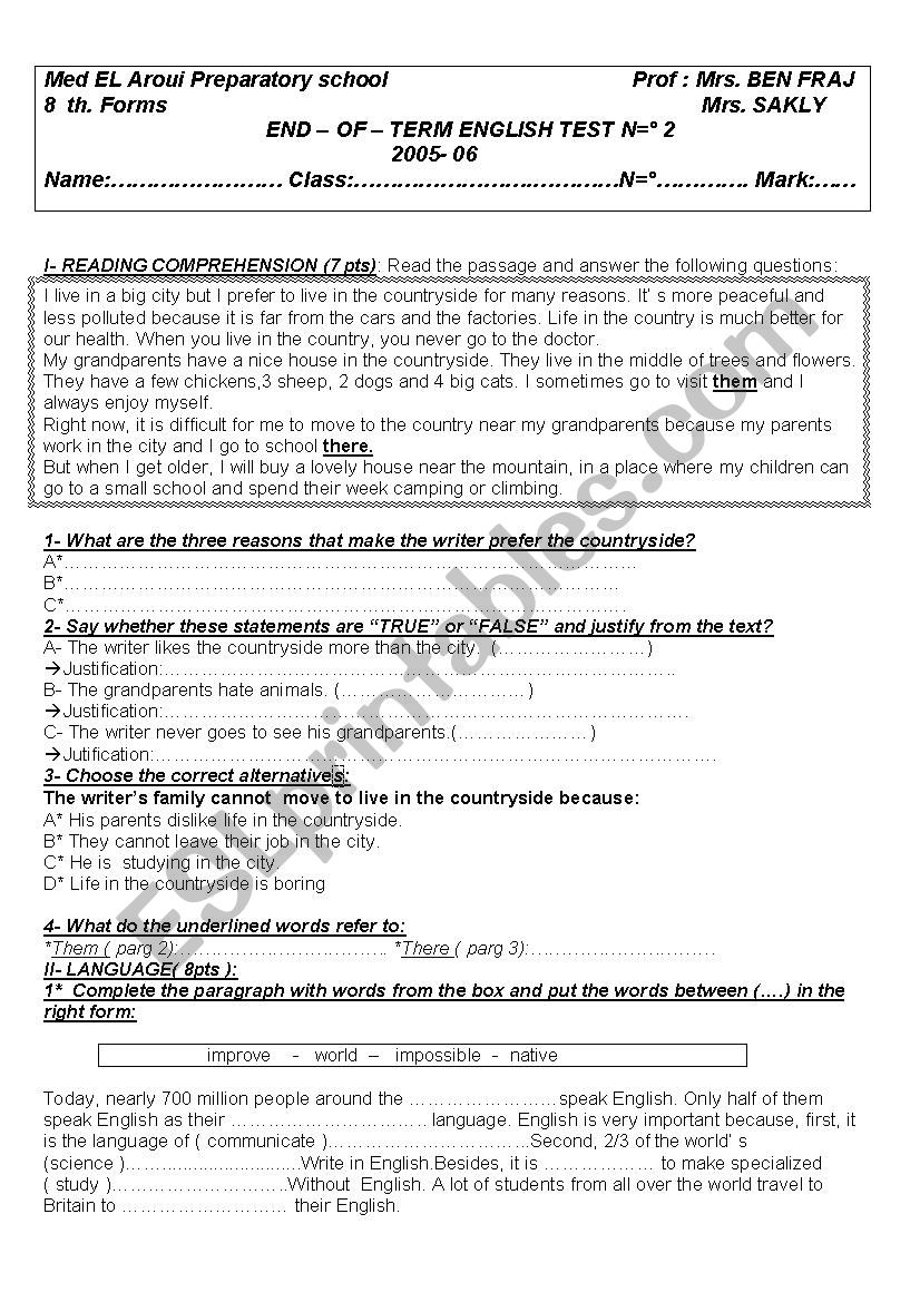 test worksheet