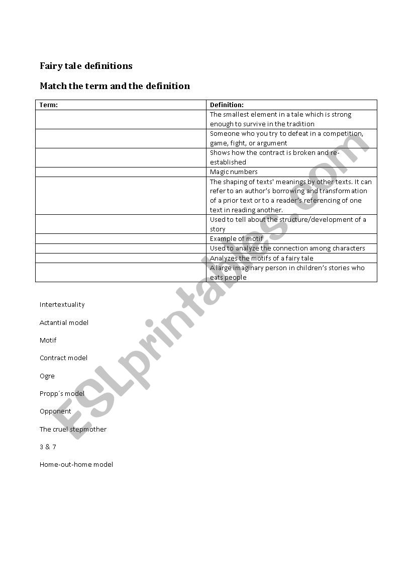Sum up fairy tale definitions worksheet