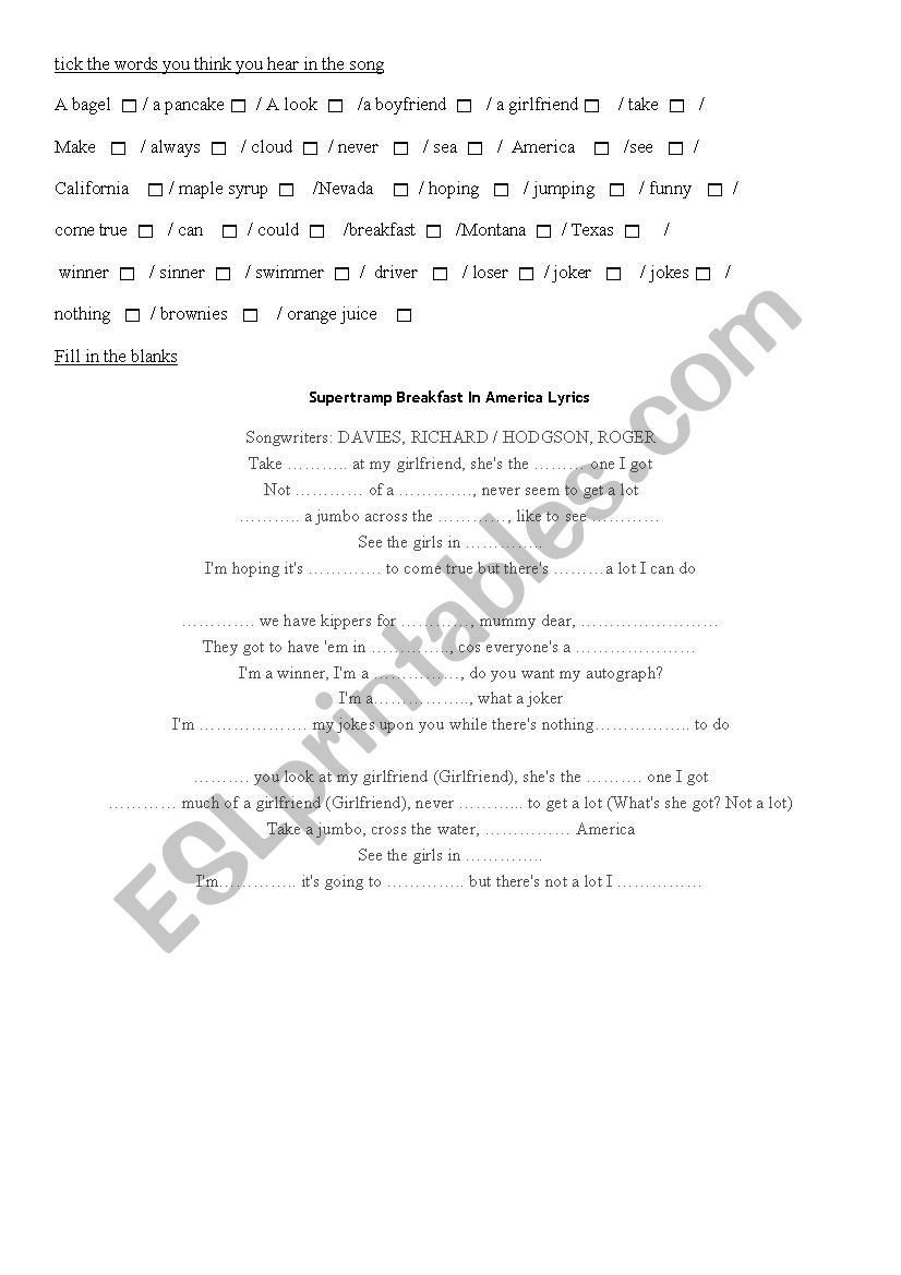 breakfast in America worksheet