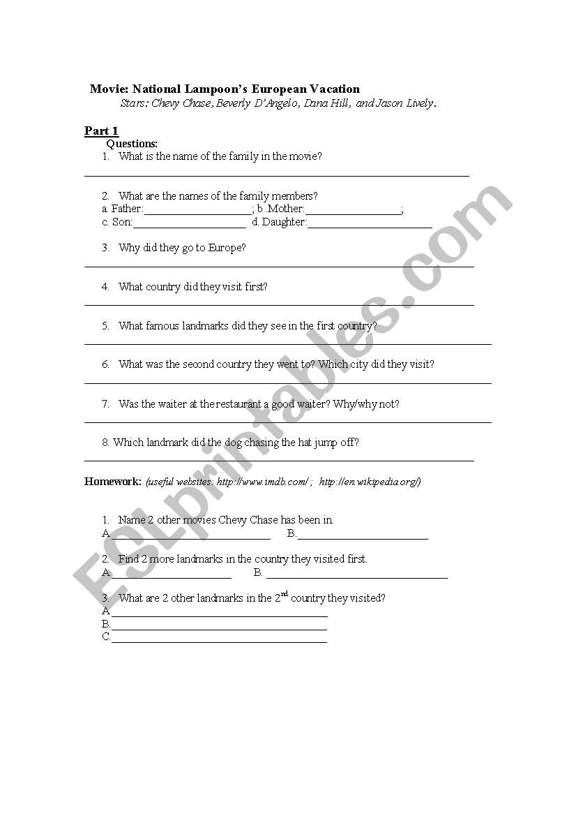 National Lampoons European Vacation Worksheet