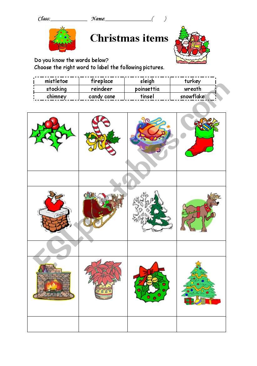 Christmas items (matching) worksheet