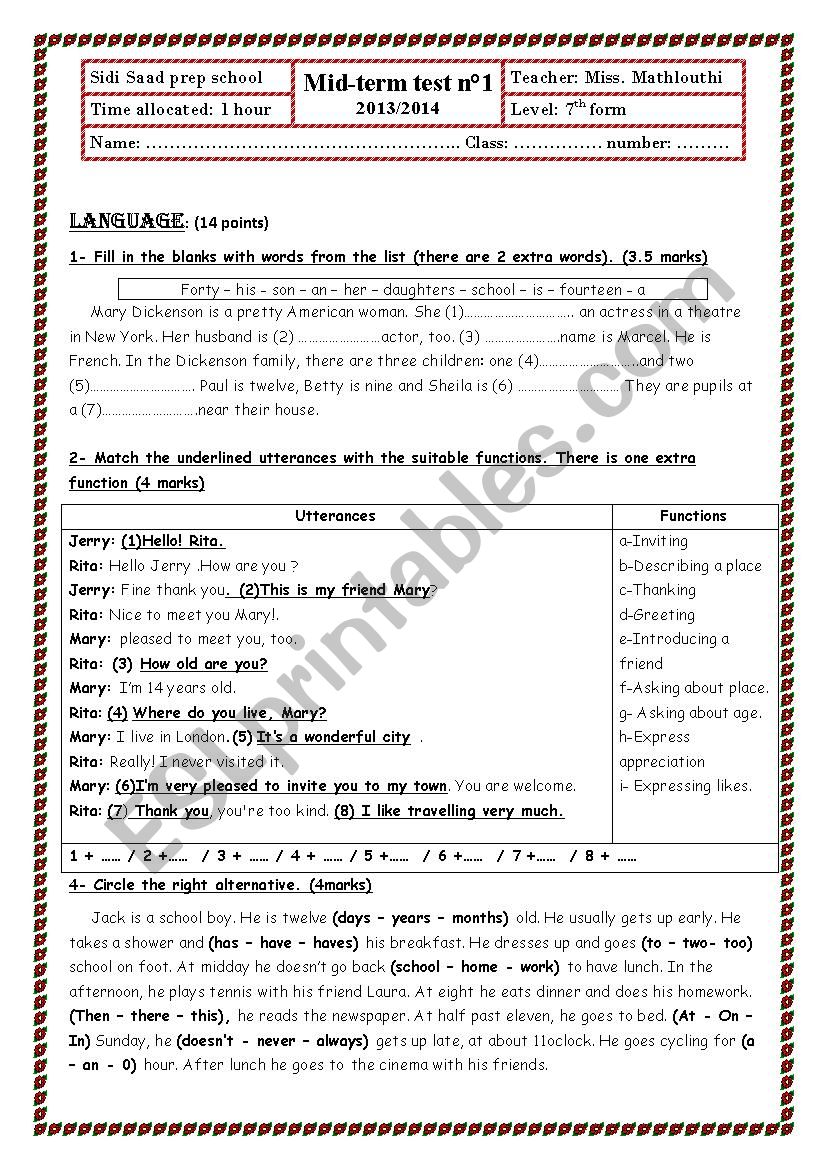 7th form mid-term test n1 worksheet