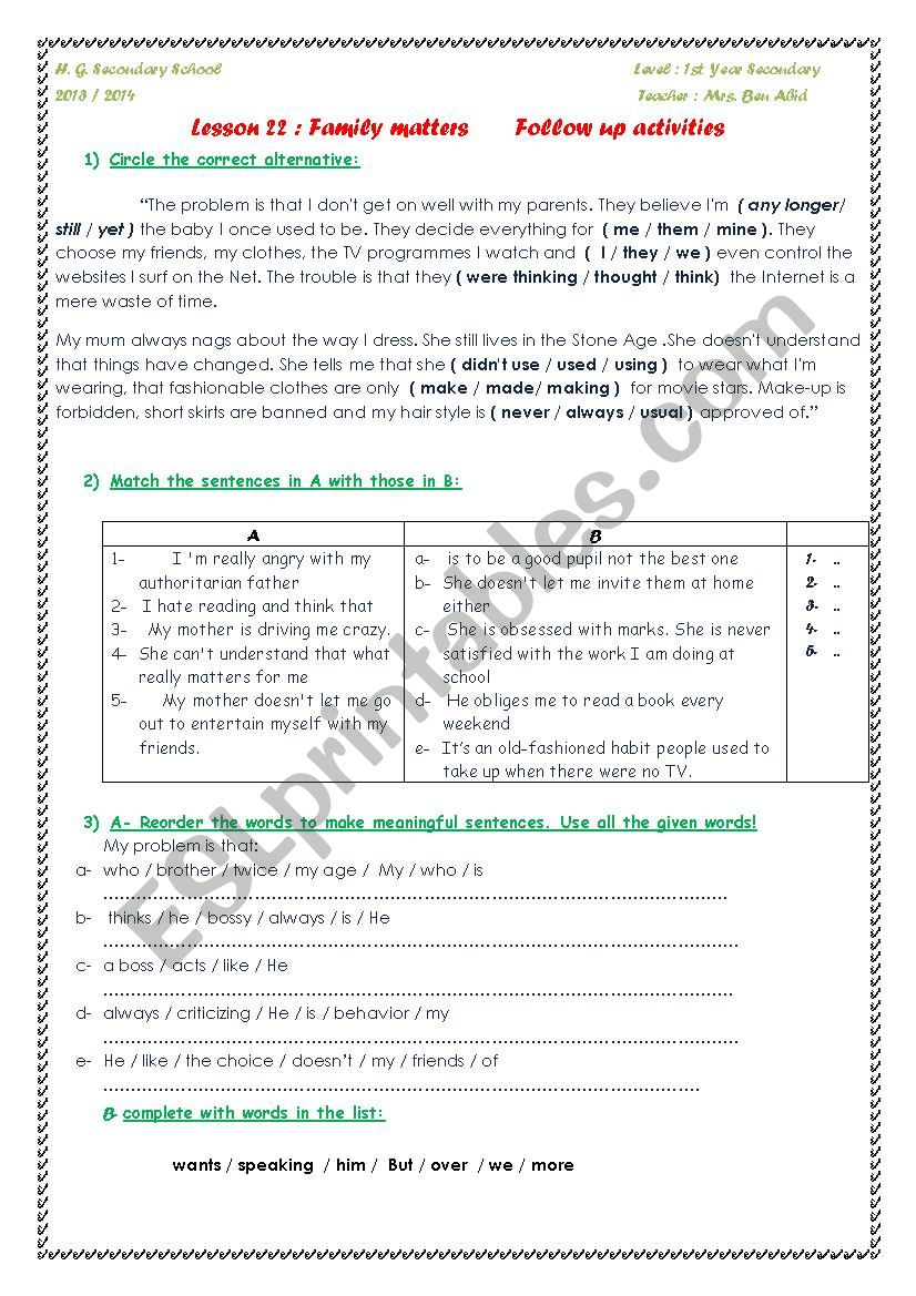 Lesson 22 : Family Matters level 1st Year Secondary (Tunisian Pupils)