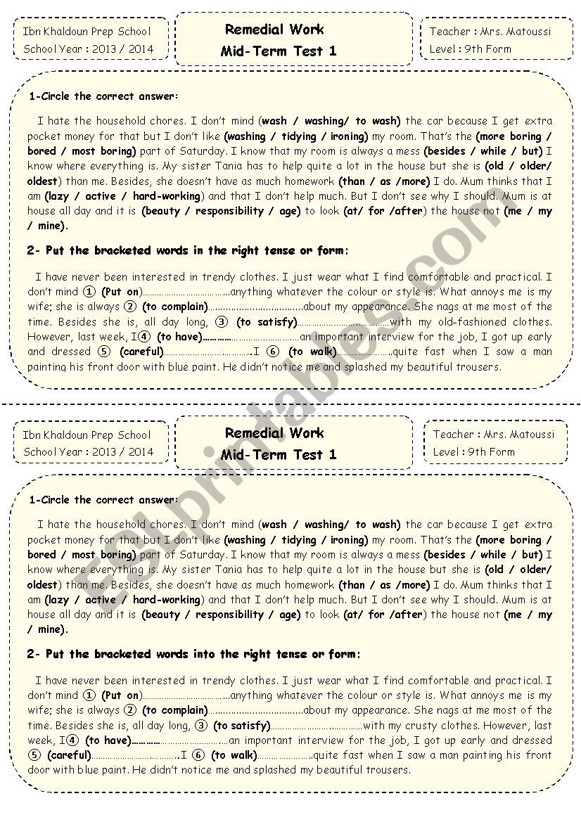 Remedial work worksheet