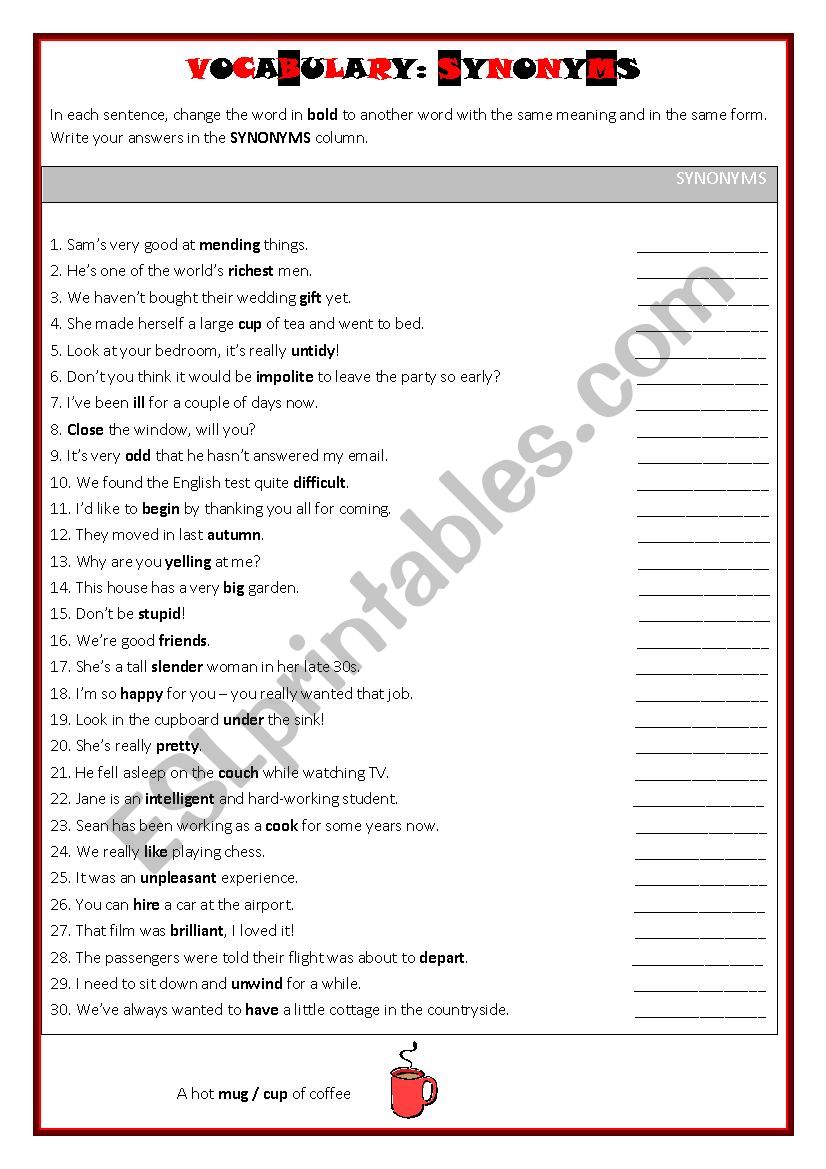 VOCABULARY: SYNONYMS worksheet