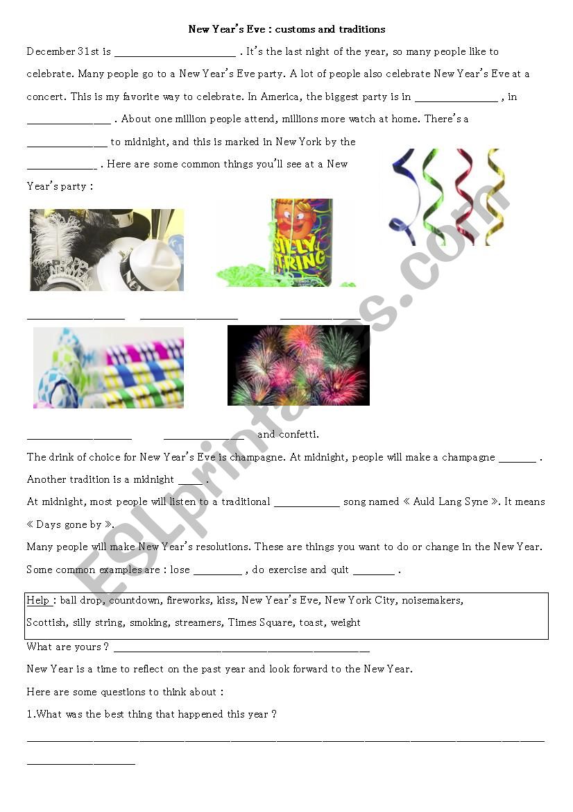 New Years Eve traditions worksheet