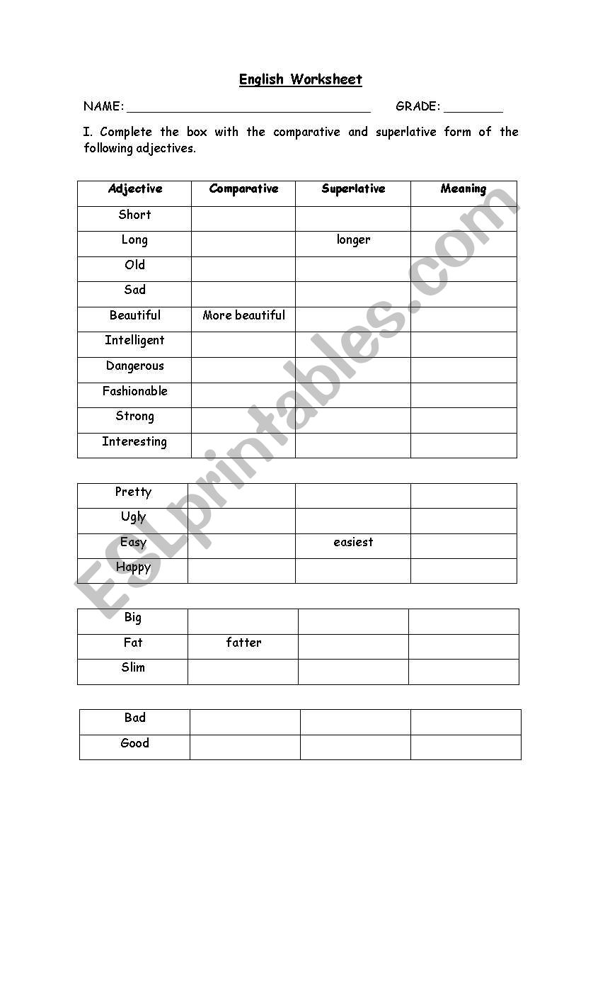 comparatives and superlatives worksheet