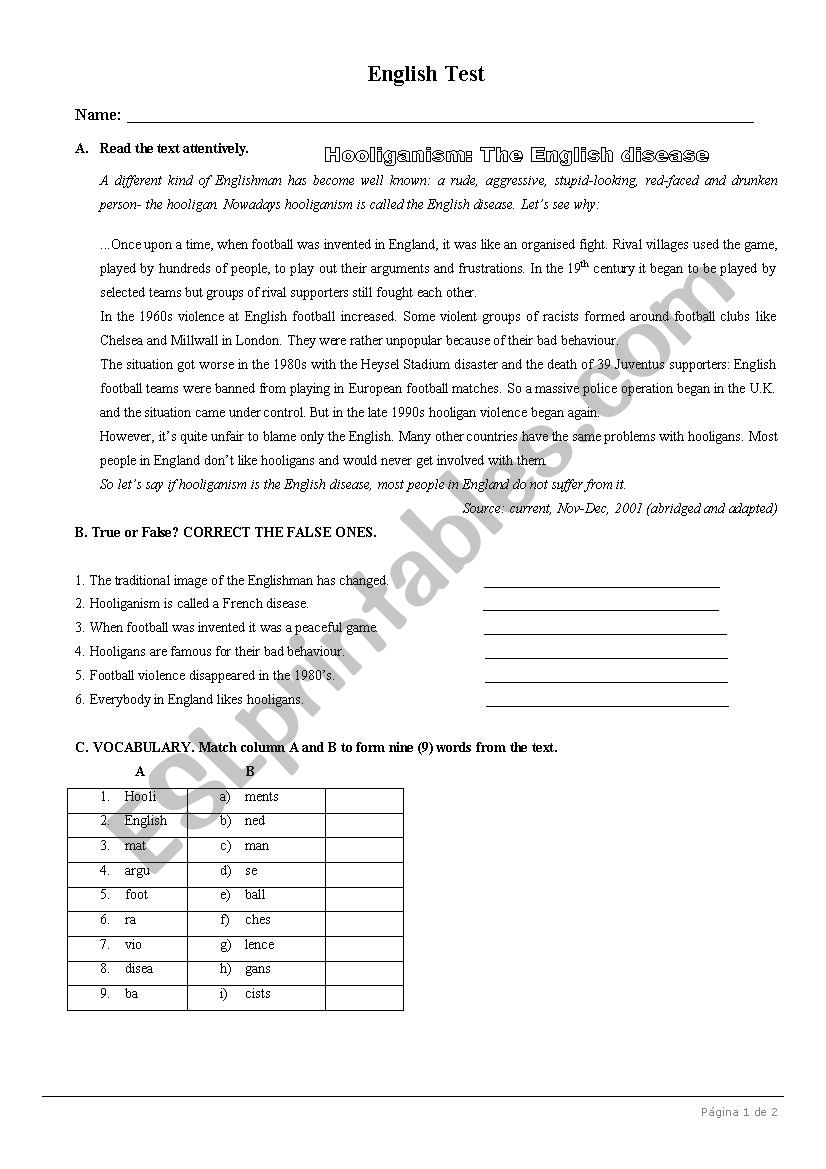 Test on Sports (Football-hooliganism) 8th Form