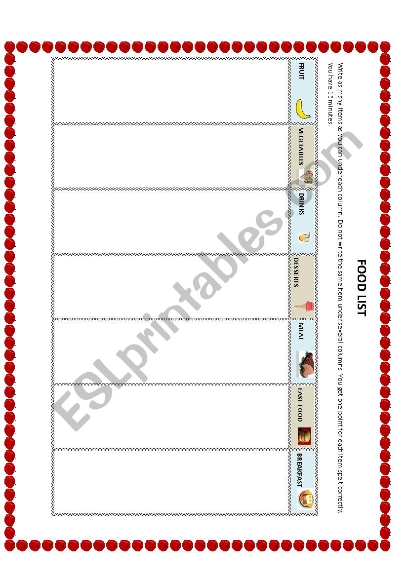 Food List worksheet