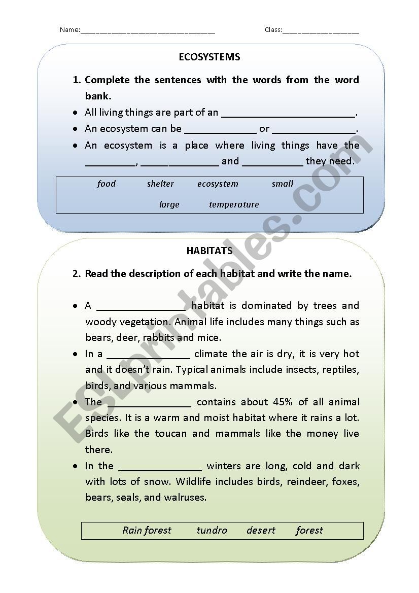 Habitats and ecosystems worksheet