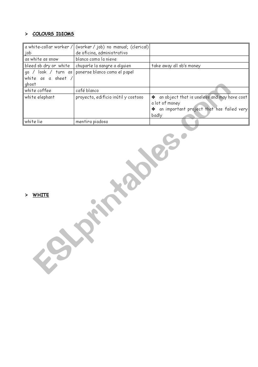 white idioms worksheet