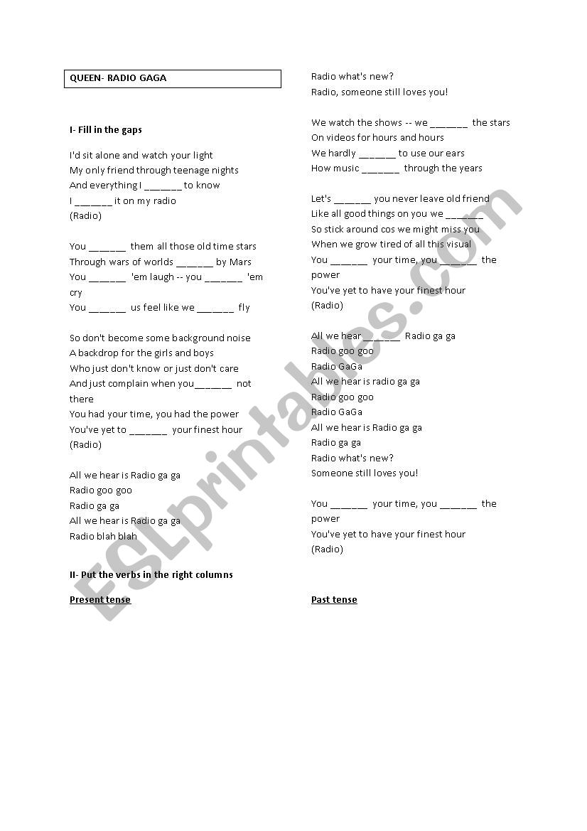 Radio Gaga, Lyrics worksheet
