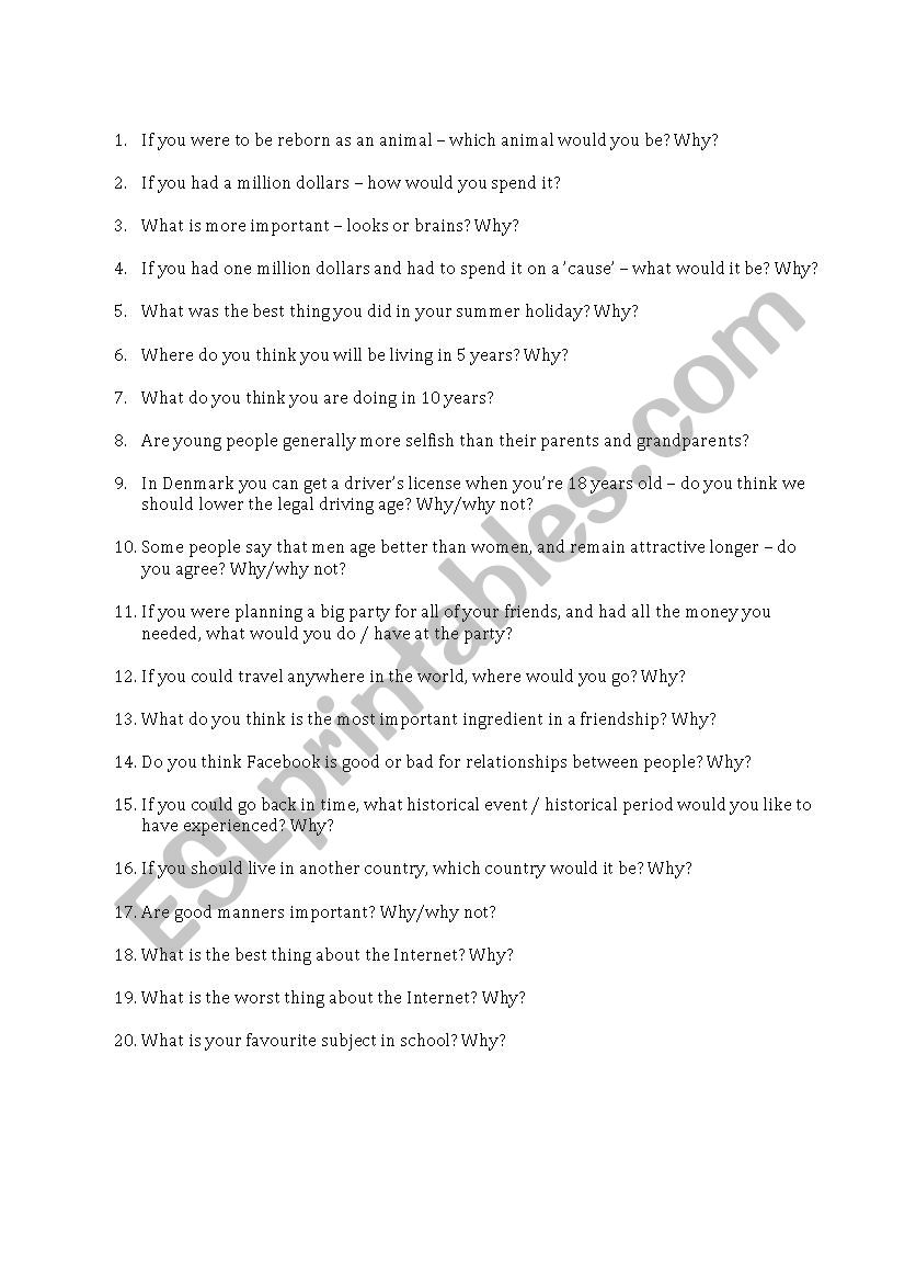 Conversation questions - warm-up exercise for new class-mates