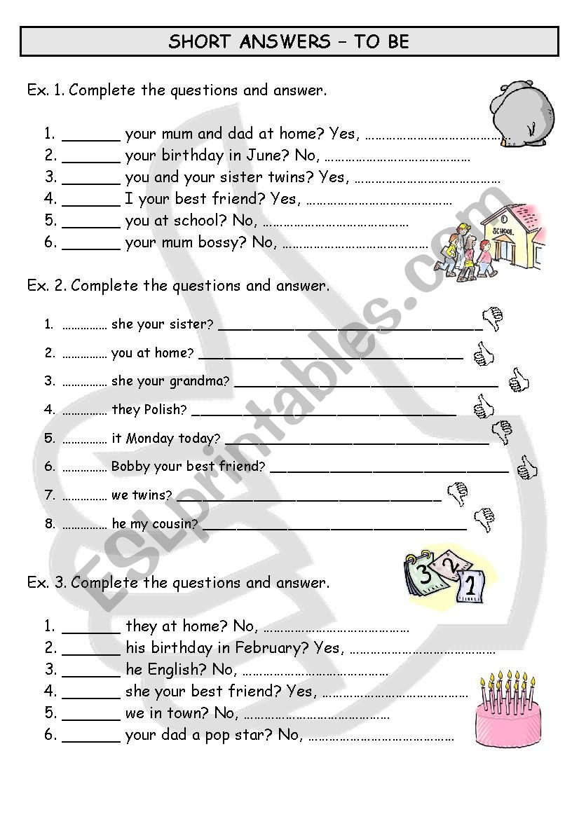 VERB TO BE  -  SHORT ANSWERS worksheet