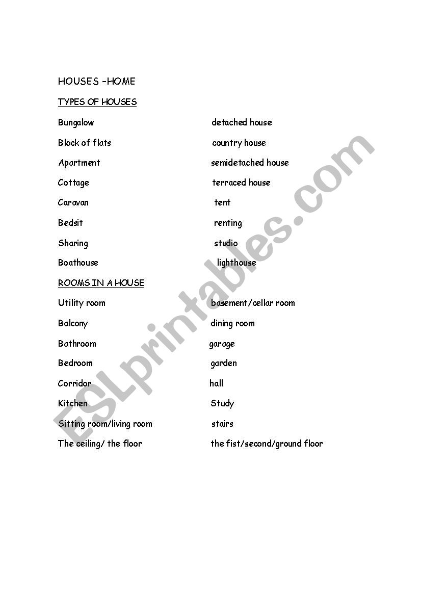 House vocabulary for PET worksheet