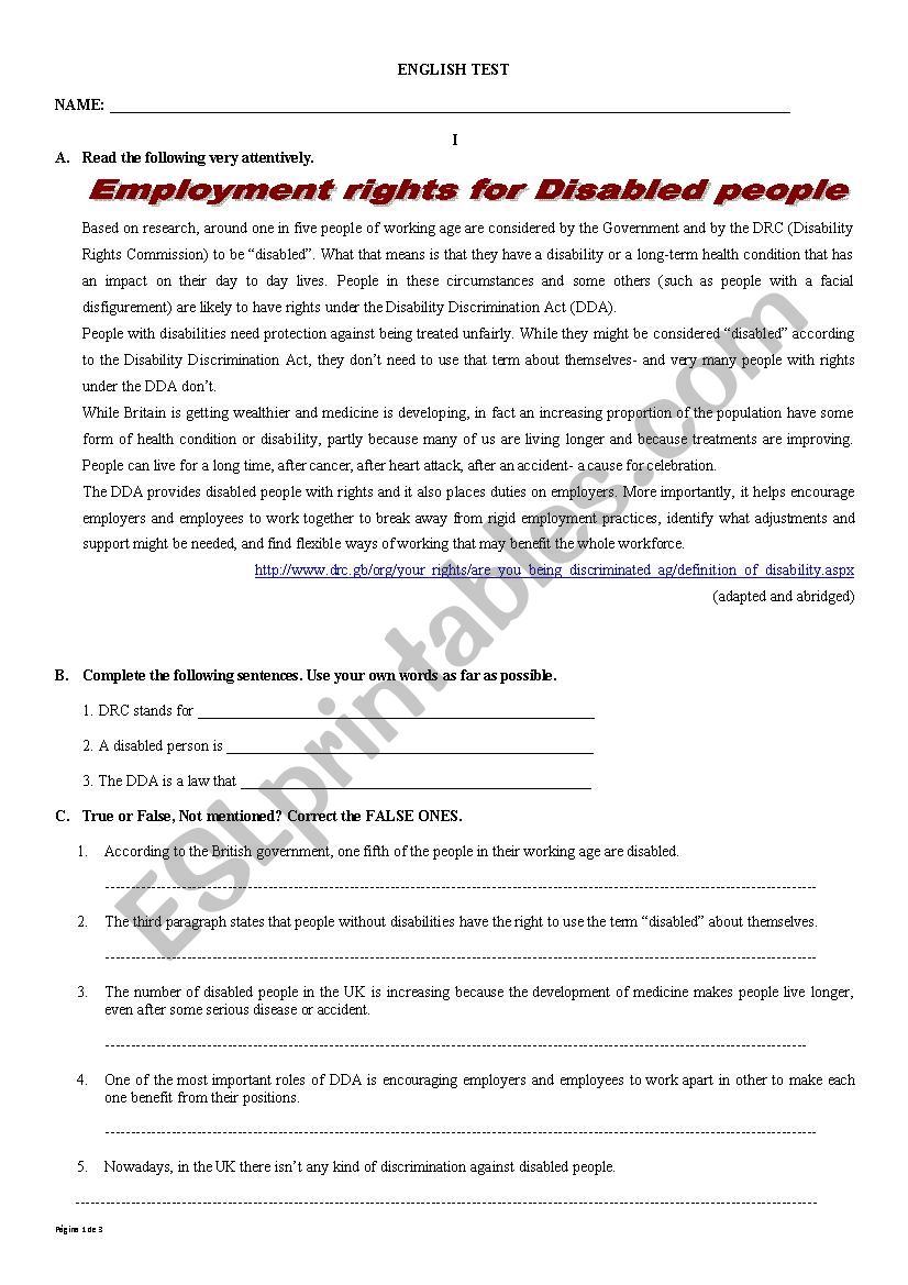 Test 9th Form-Employment Rights for Disabled