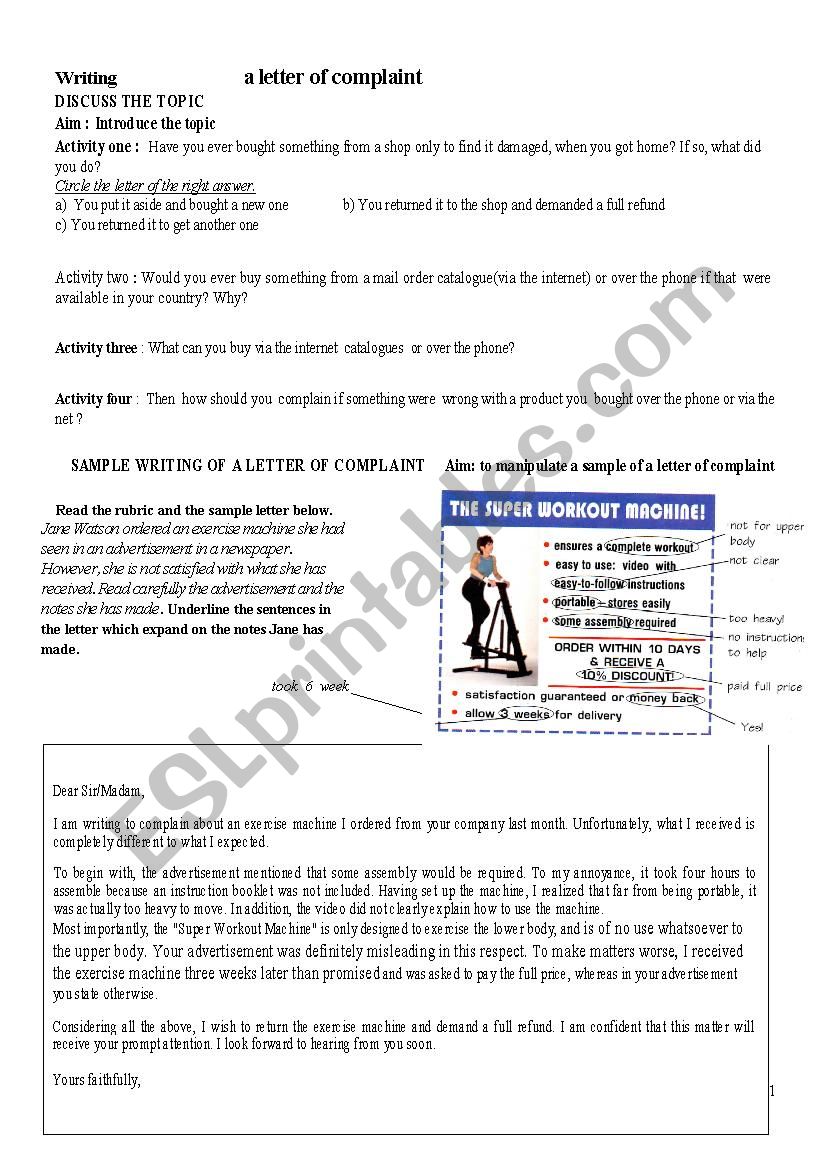 A letter of complaint worksheet