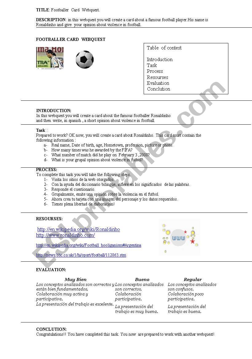 WEBQUEST Ronaldinho worksheet