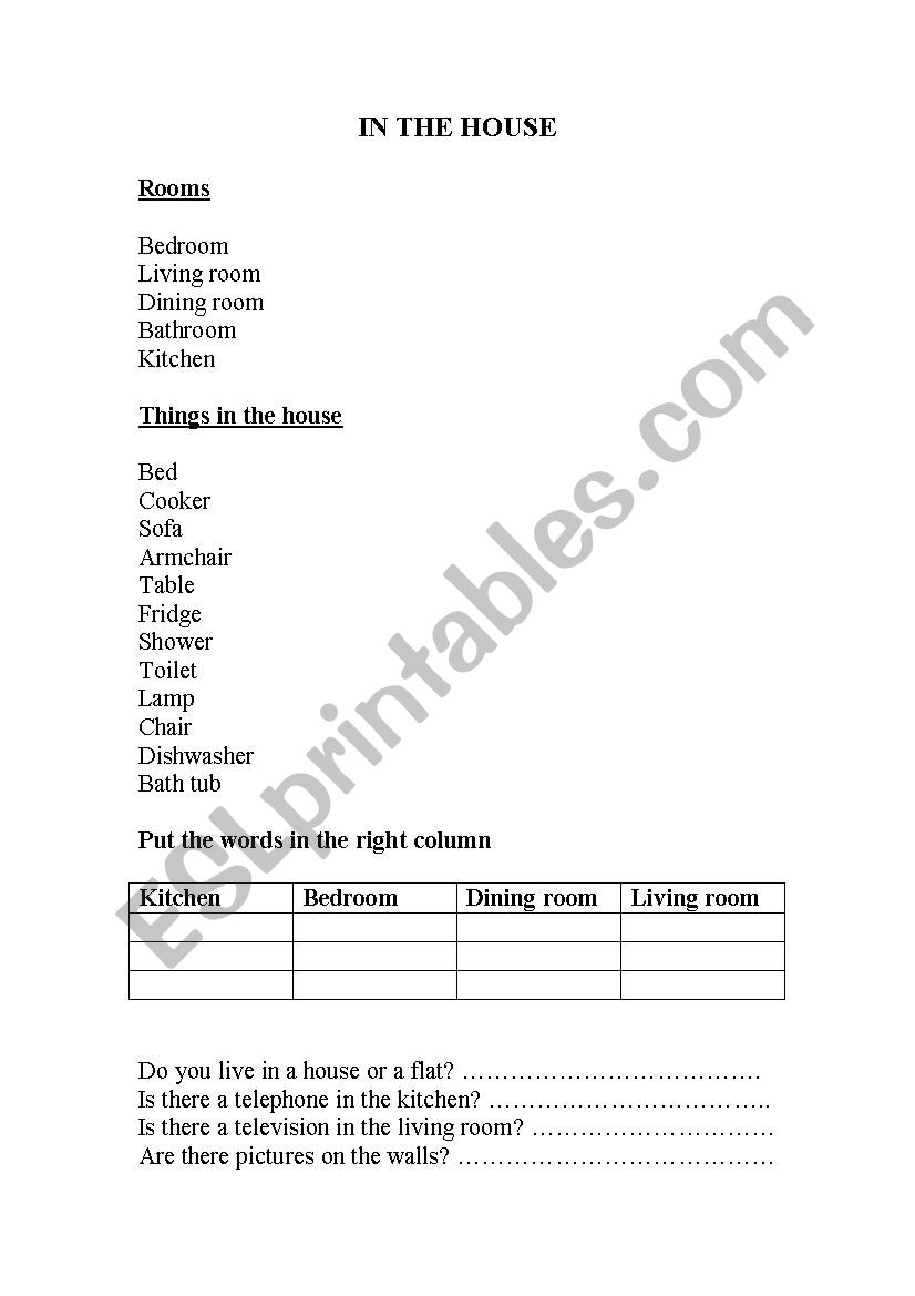 In the house worksheet