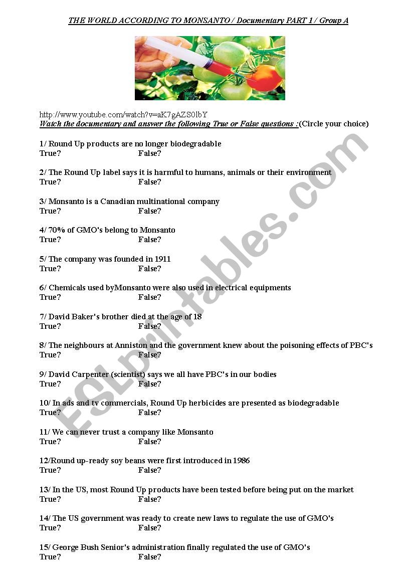 The World According to Monsanto Worksheet PART 1 Group A