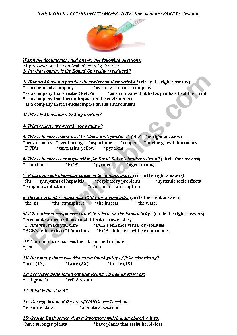 The World According to Monsanto Worksheet Part 1 Group B