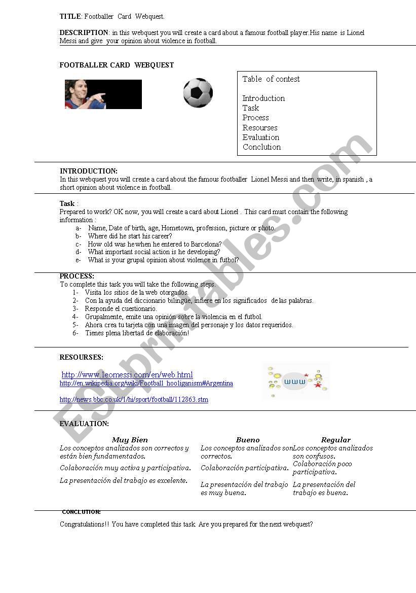 WEBQUEST  Lionel Messi worksheet