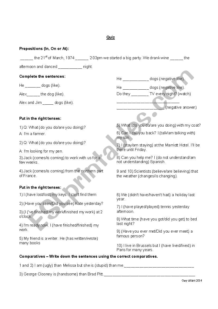 Elementary Quiz worksheet