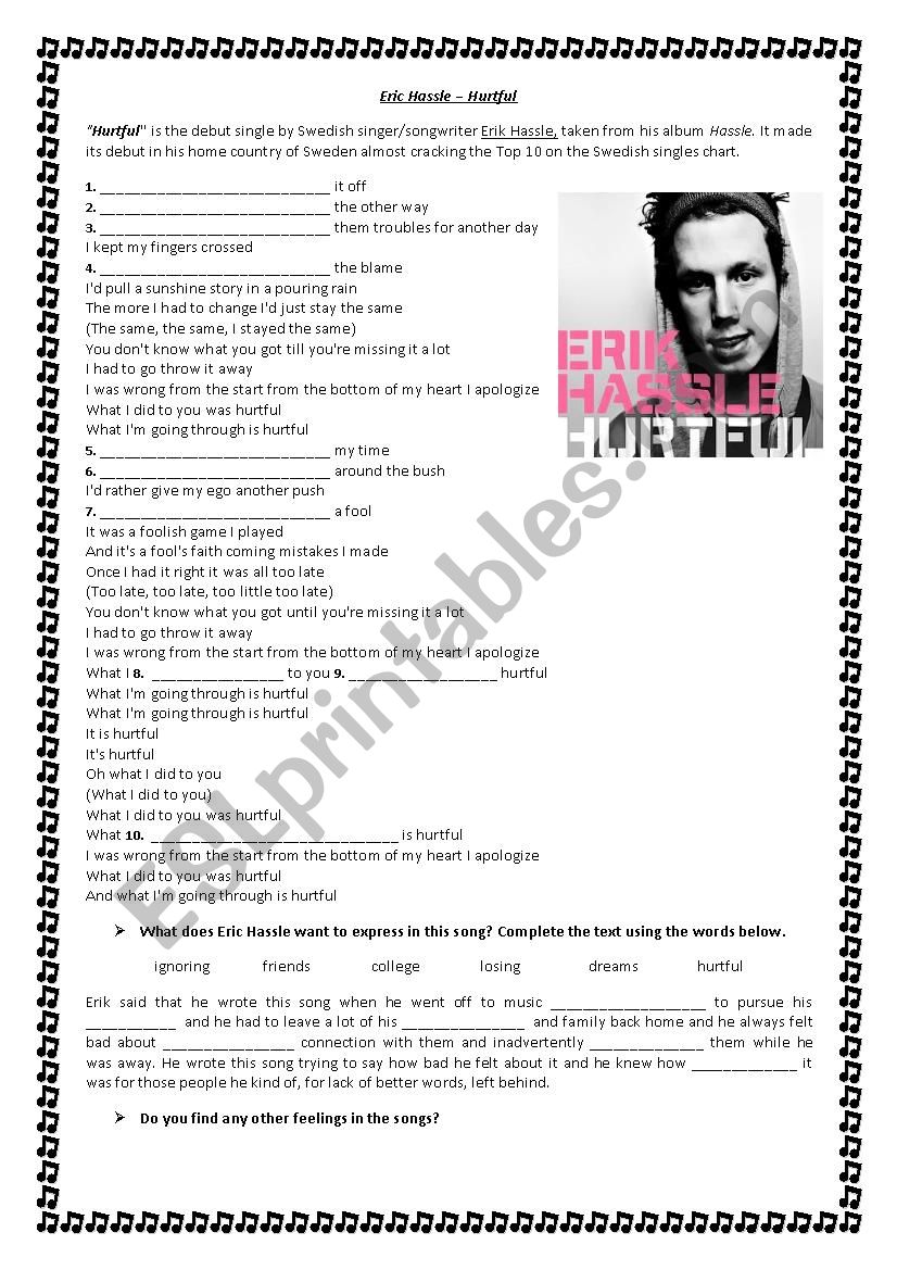 Hurtful by Eric Hassle worksheet