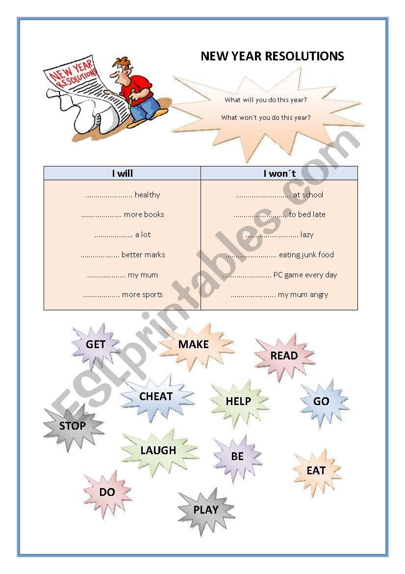 New Year resolutions worksheet
