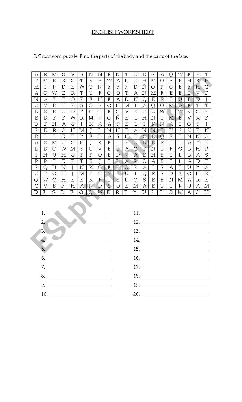 PARTS OF THE FACE AND BODY worksheet