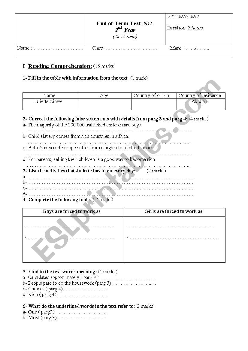 End of Term Test n:2  worksheet