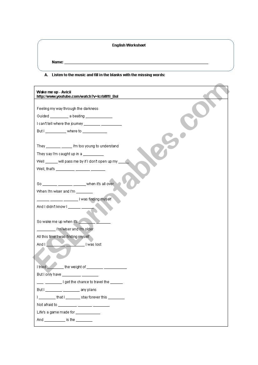 Wake me up worksheet