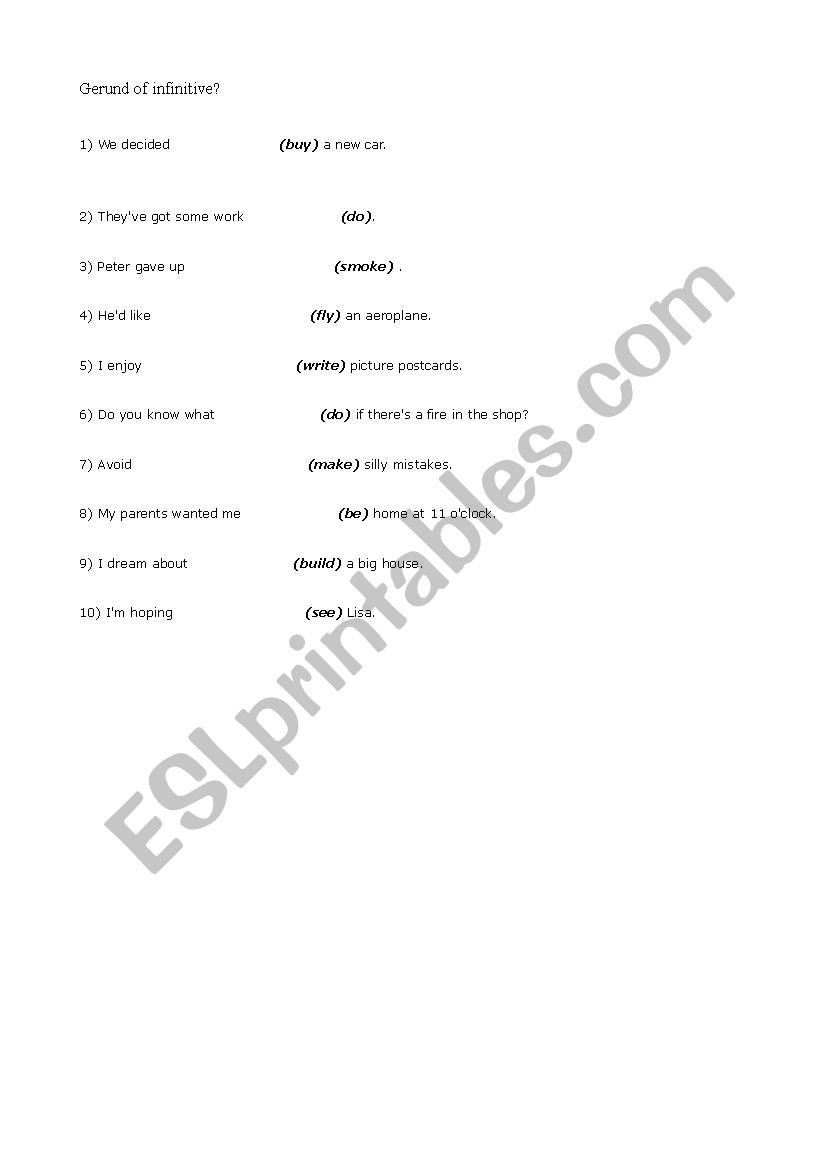 gerund or infinitive worksheet