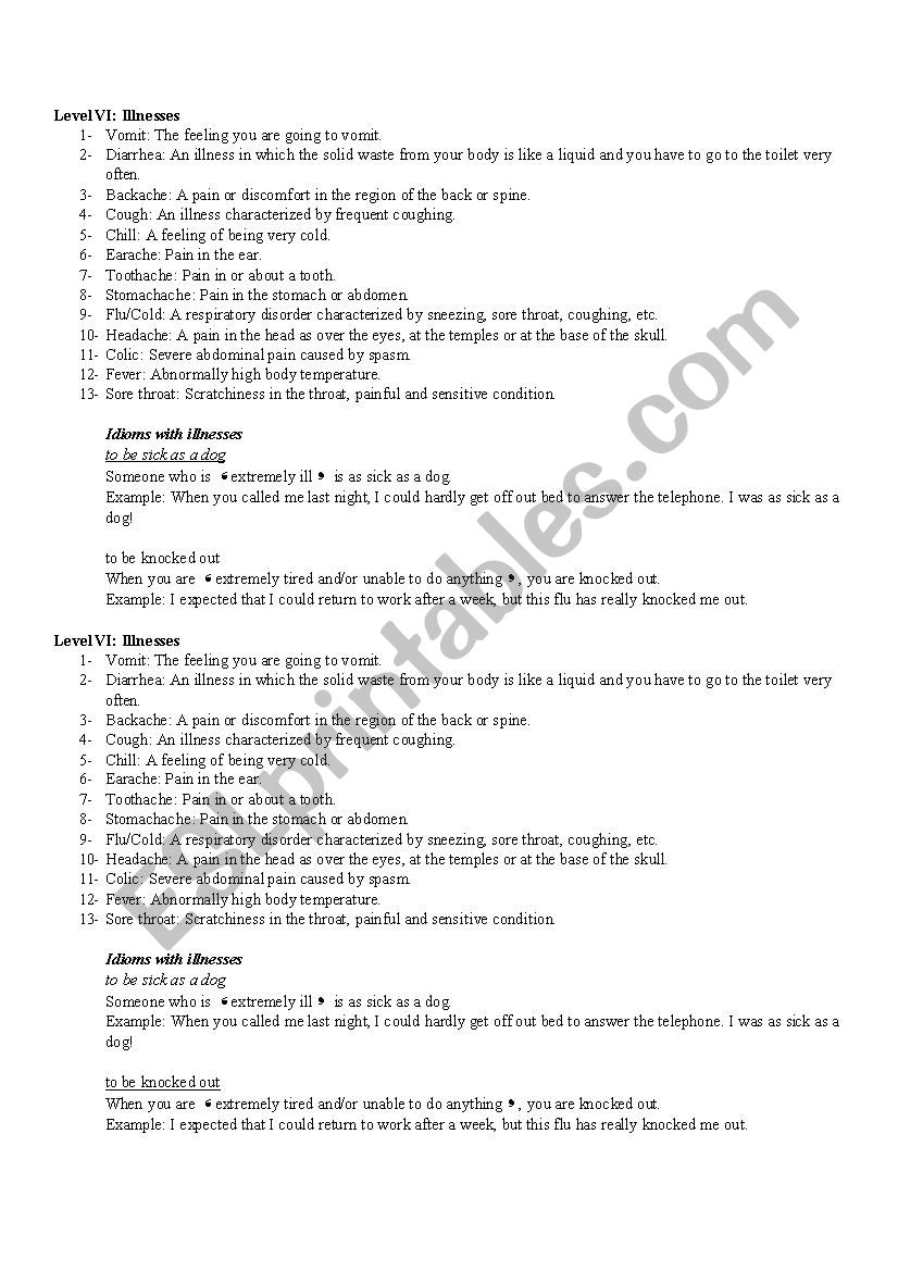 illnesses and injuries worksheet