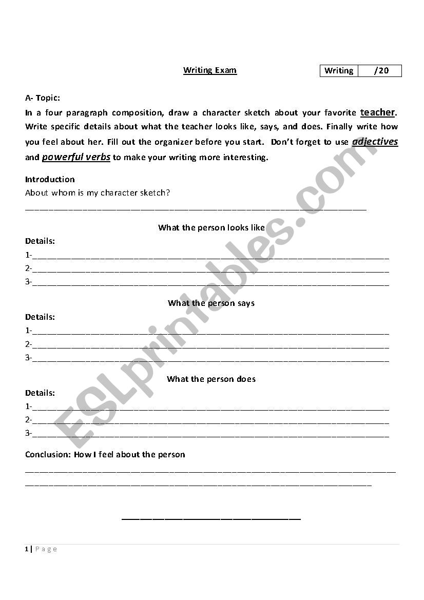 writing a character sketch  ESL worksheet by nohamohamed