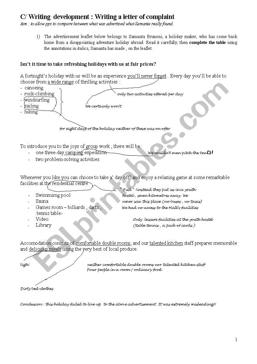 A letter of complaint Part 2 worksheet
