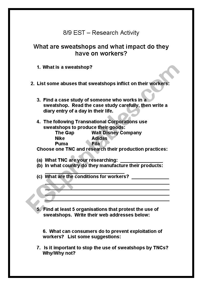 Sweatshops webquest worksheet