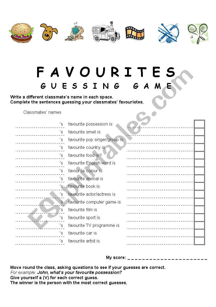 favourites worksheet