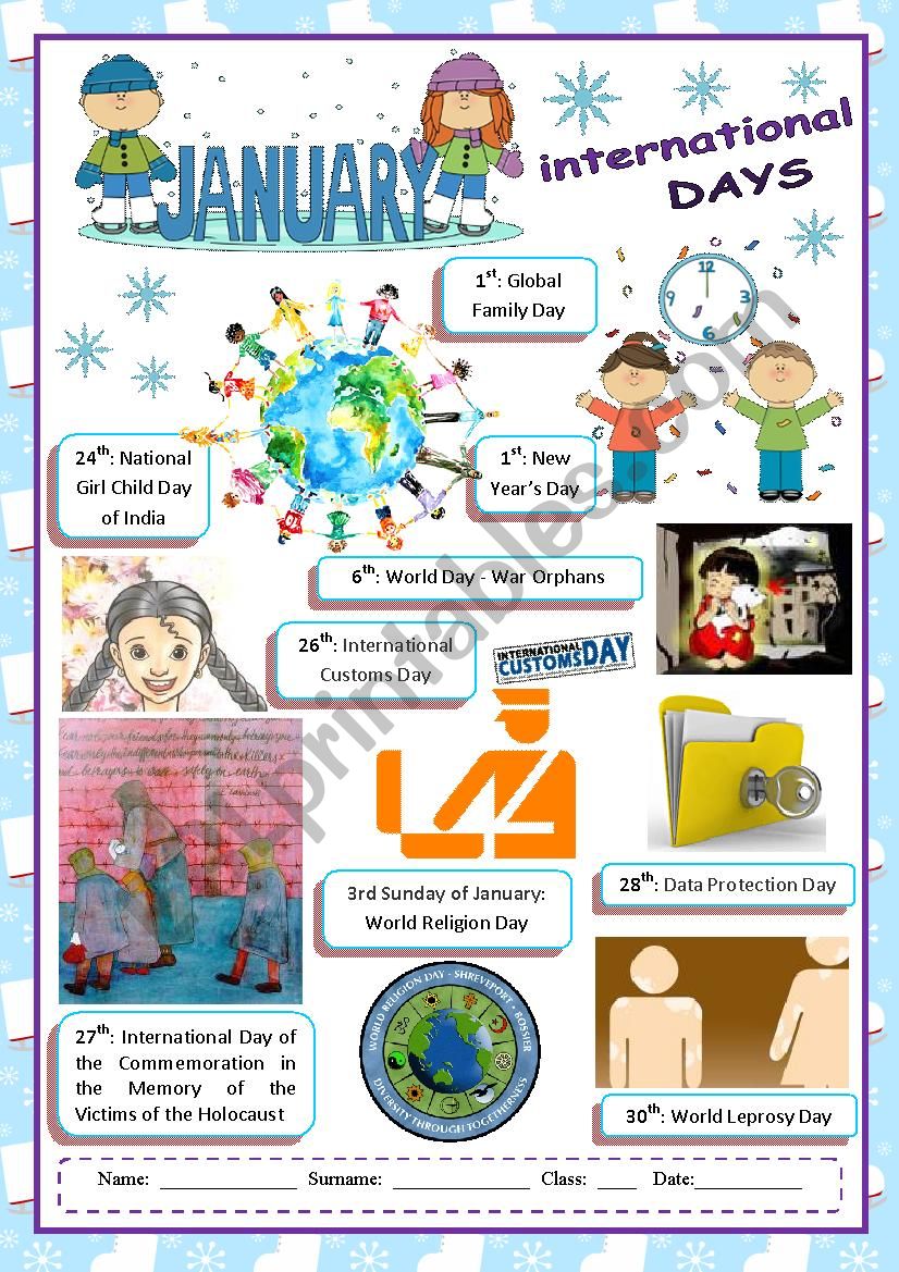 January special days  worksheet