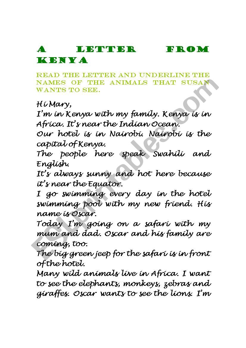 A letter from Kenya worksheet