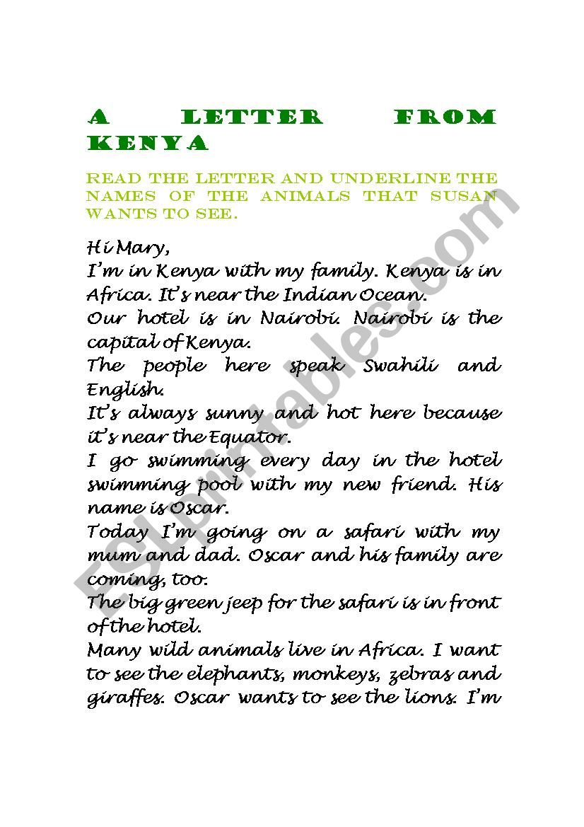 A letter from Kenya worksheet