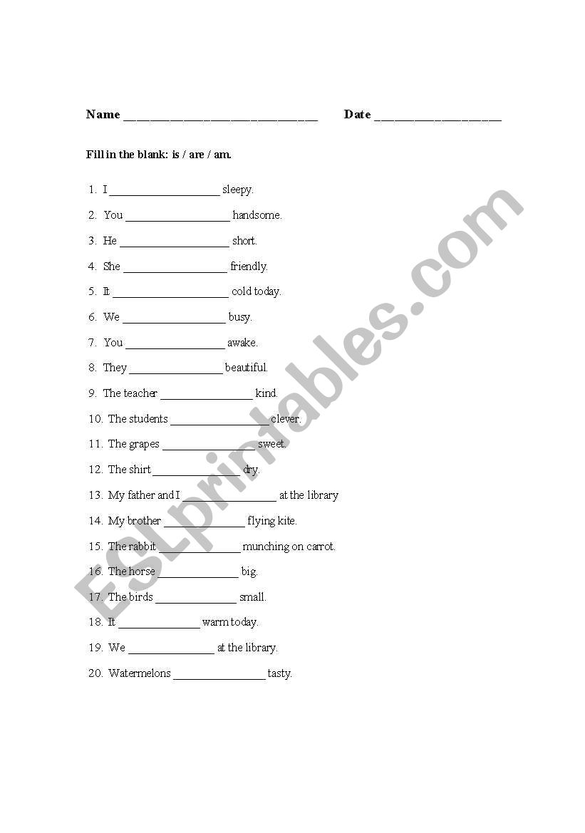 To be Verbs - Is/Are/Am worksheet