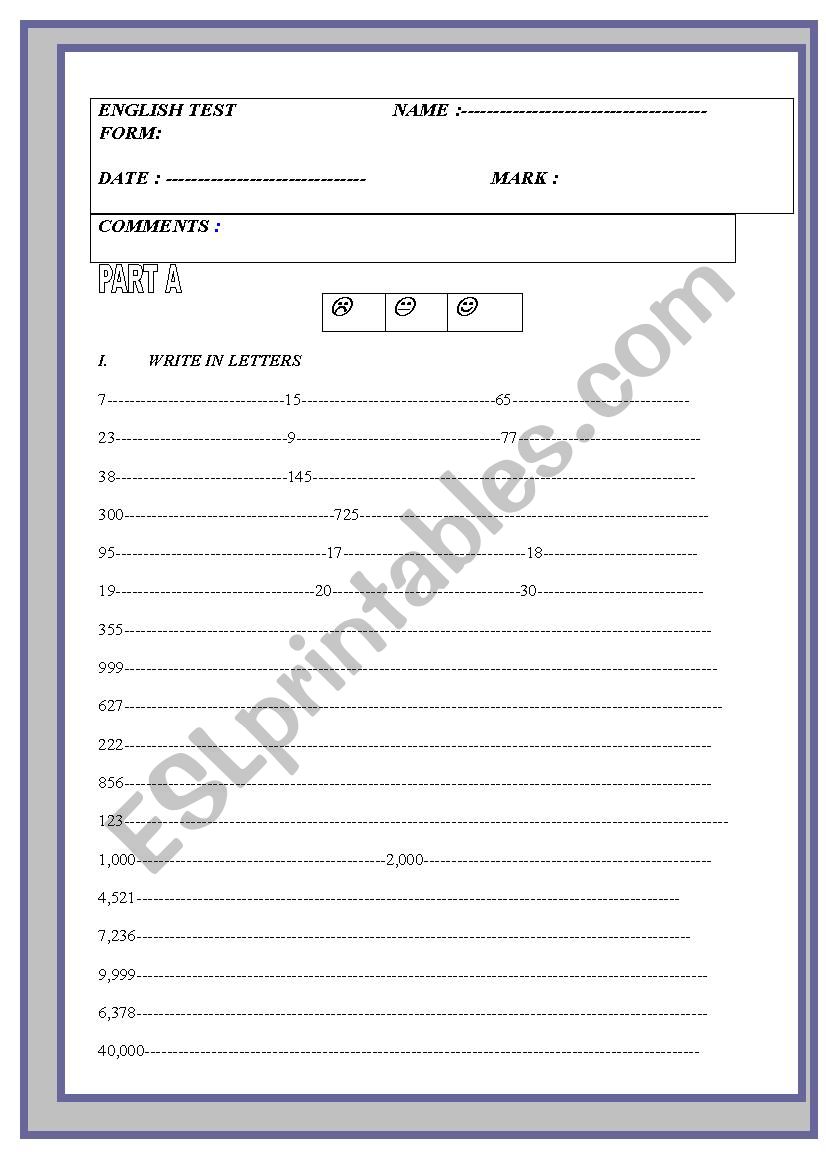 Numbers : test worksheet