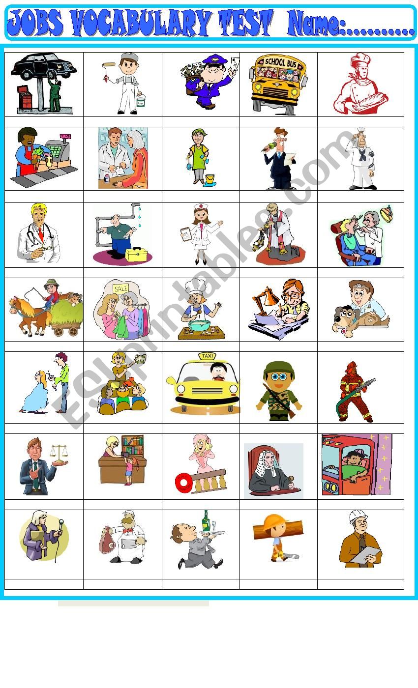 Jobs : Vocabulary test worksheet