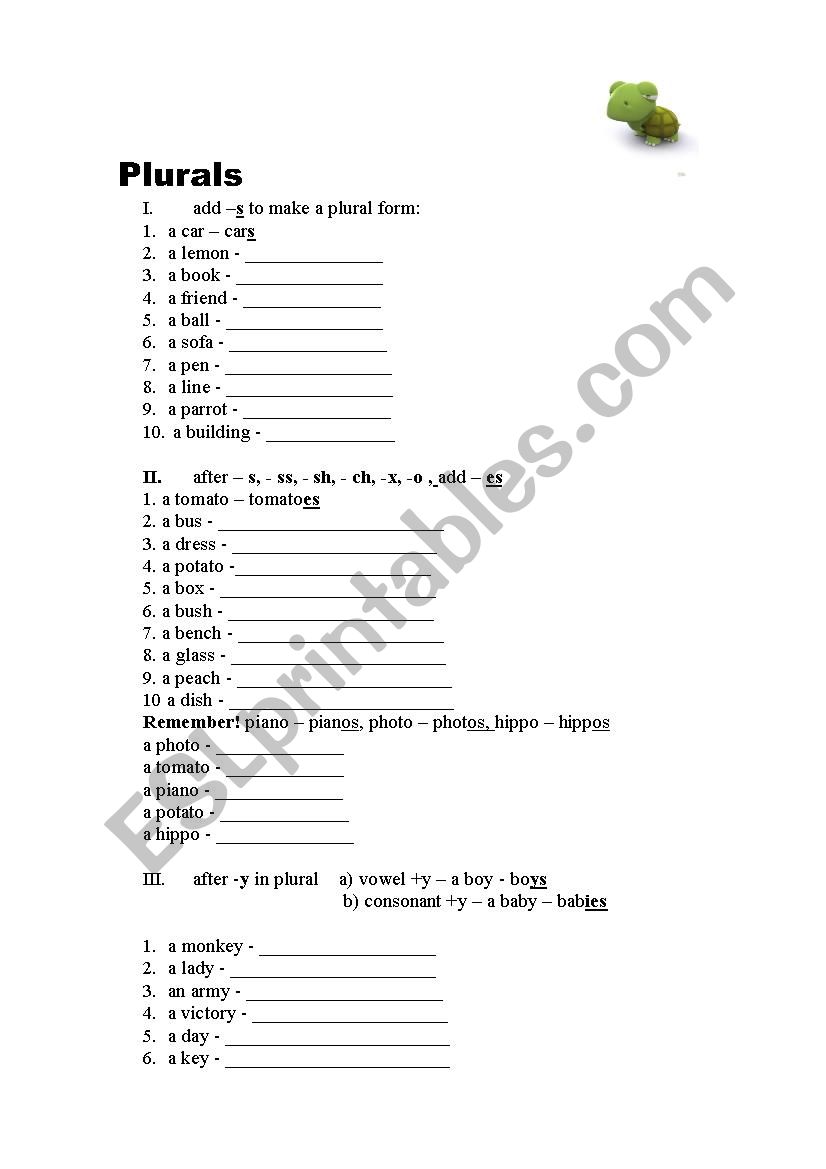 worksheet plural form of nouns