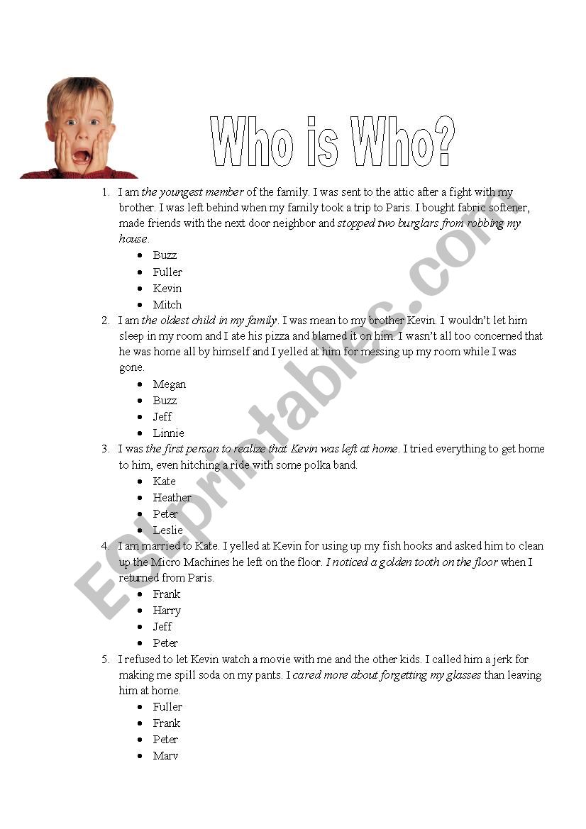 home alone 1 - who is who  worksheet