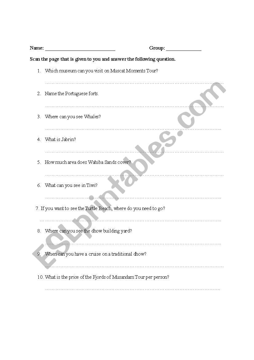 EXCURSION worksheet