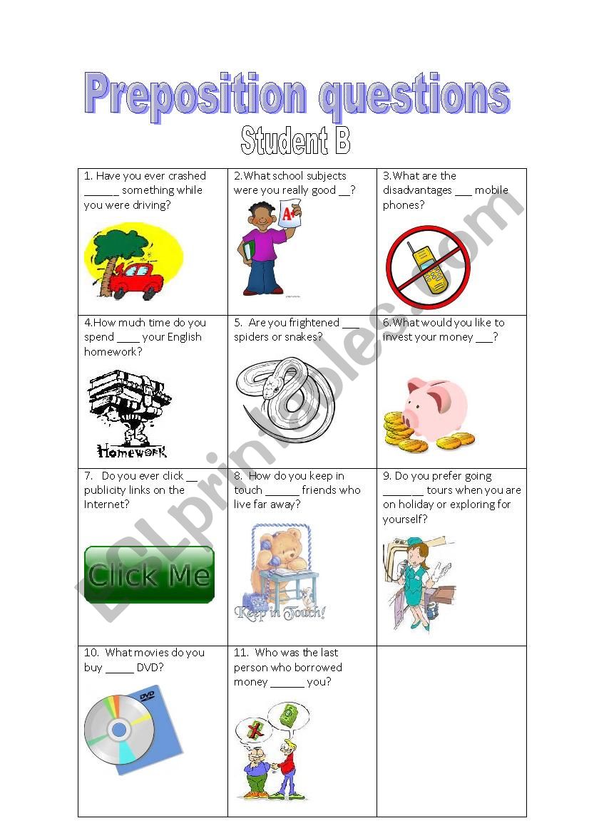 Preposition conversation questions-- Student B