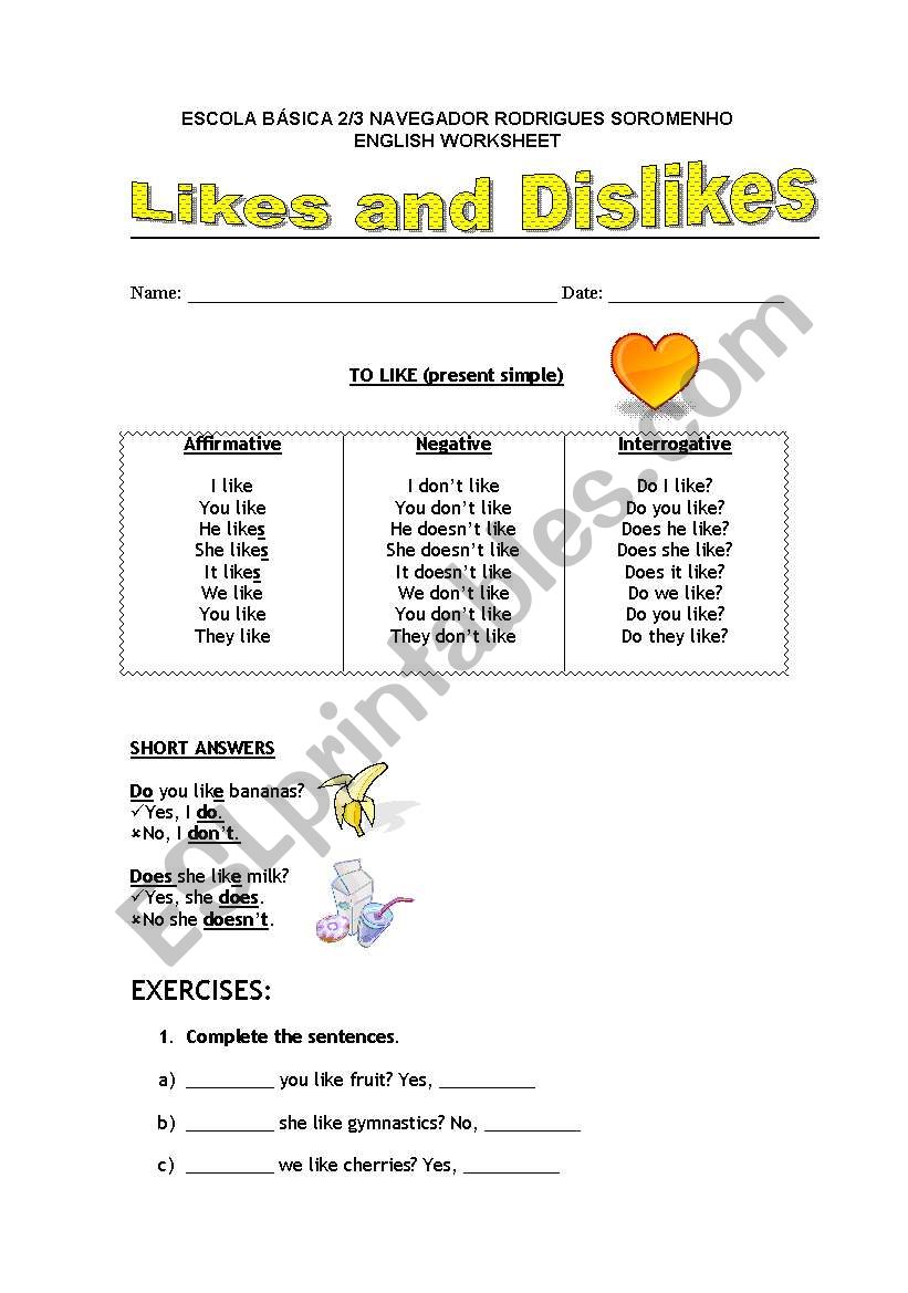 likes and dislikes worksheet